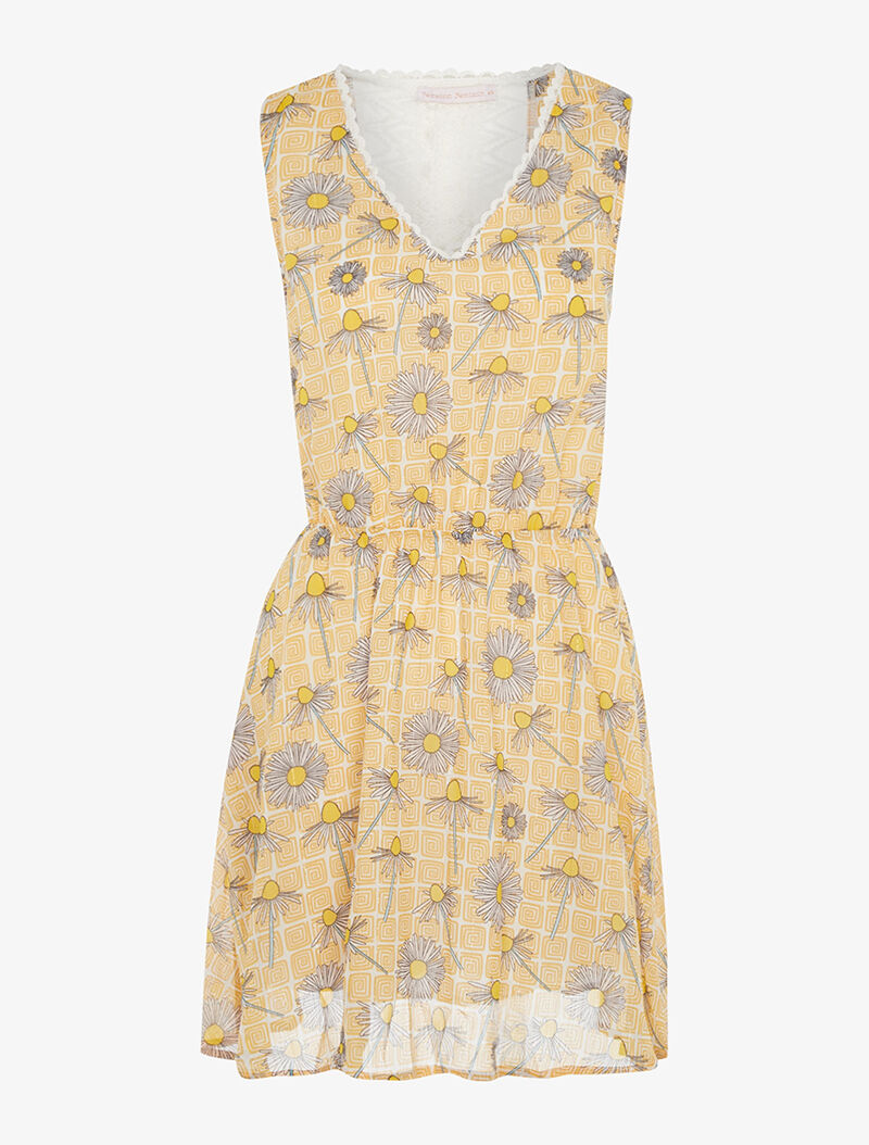 Robe cintrée imprimé marguerites à dos dentelle - jaune - 1