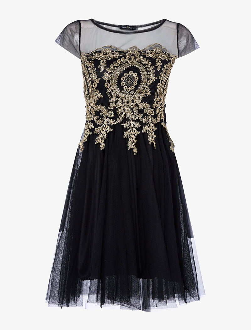 Robe ornée de broderie et tulle - noir/or - 1