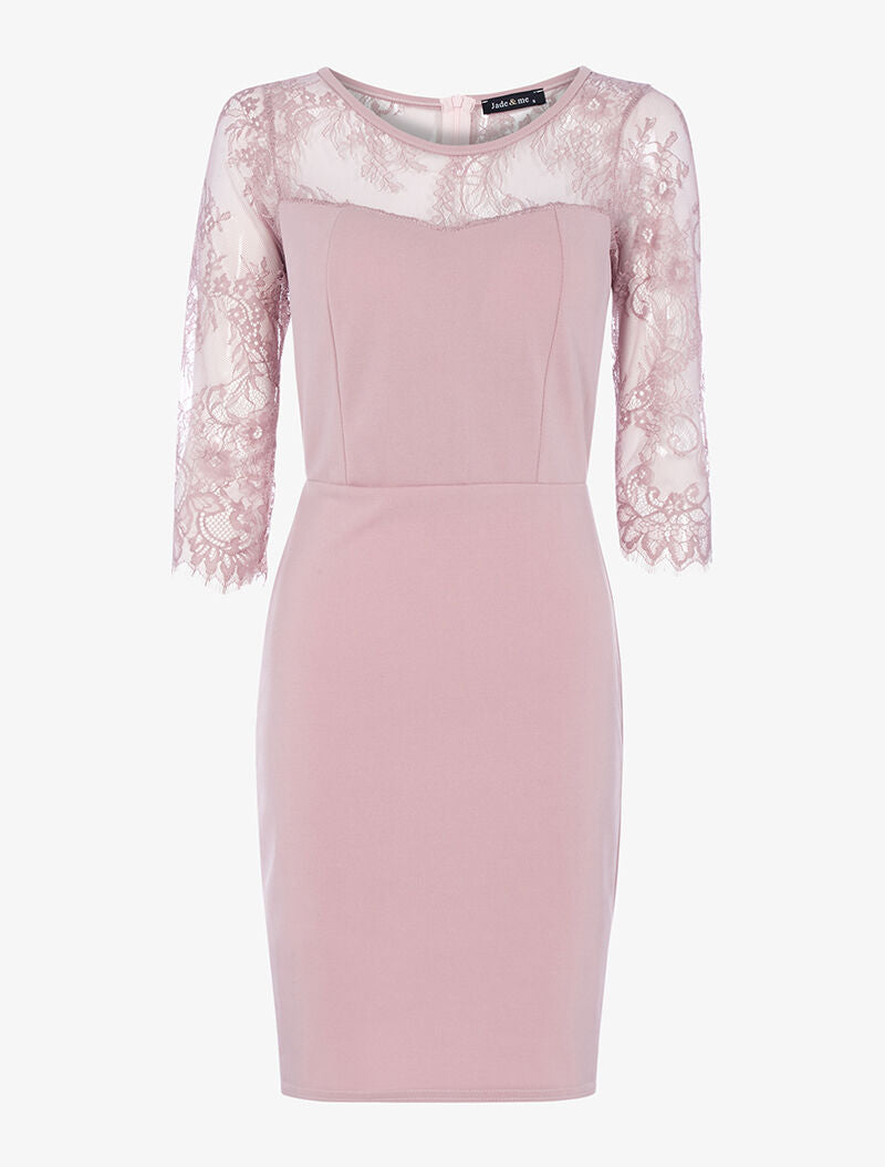 Robe moulante à empiècement dentelle - vieux rose - 3