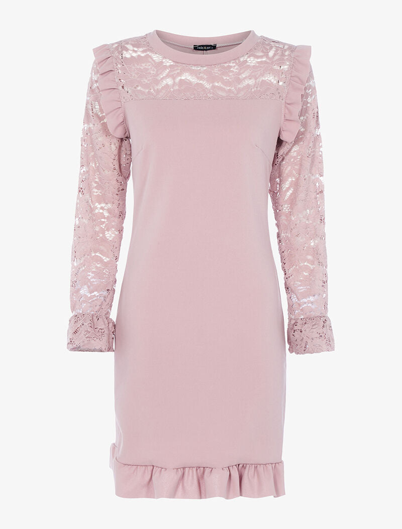 Robe à poitrine et manches en dentelle - vieux rose - 1