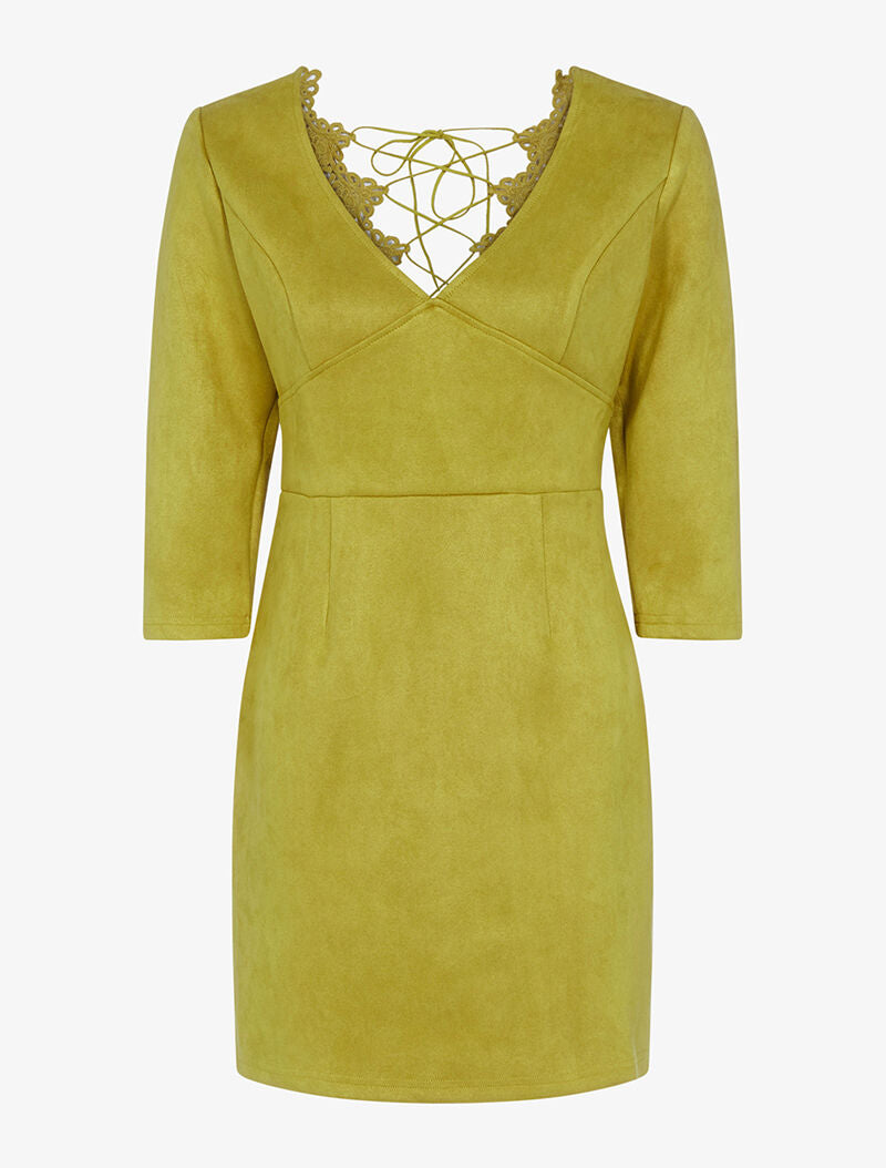 Robe en suédine à dos ouvert et bord dentelle - jaune anis - 3