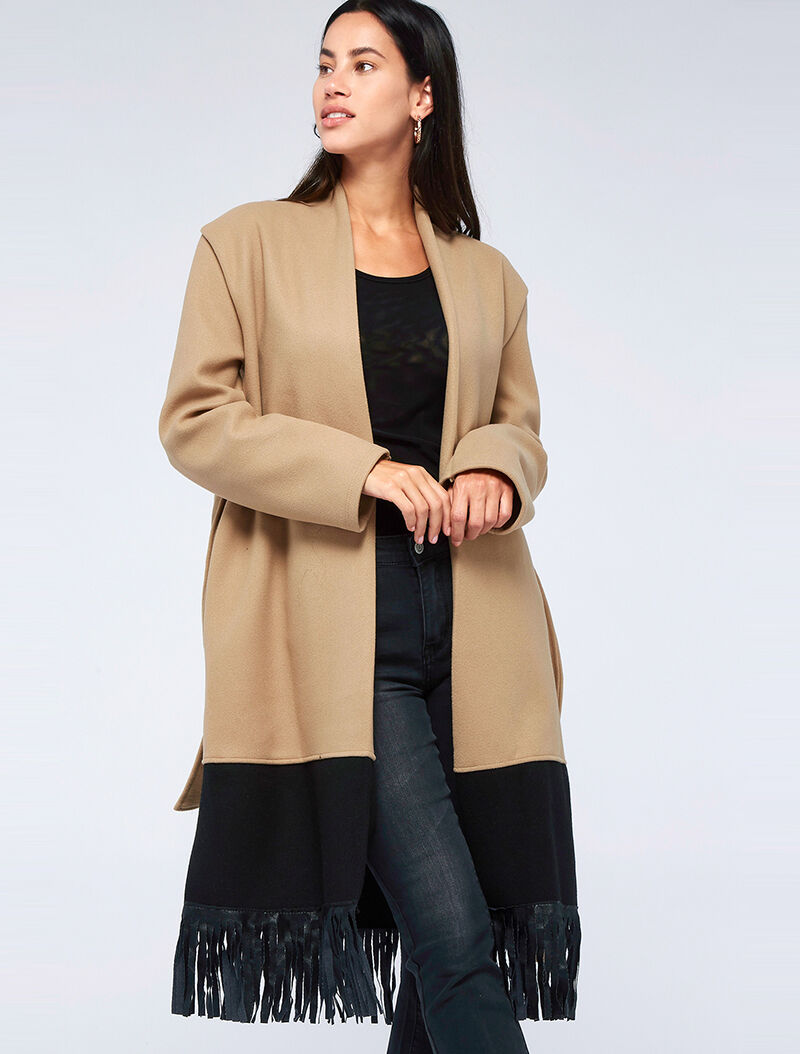 Manteau long à bords frangés - camel clair - 3