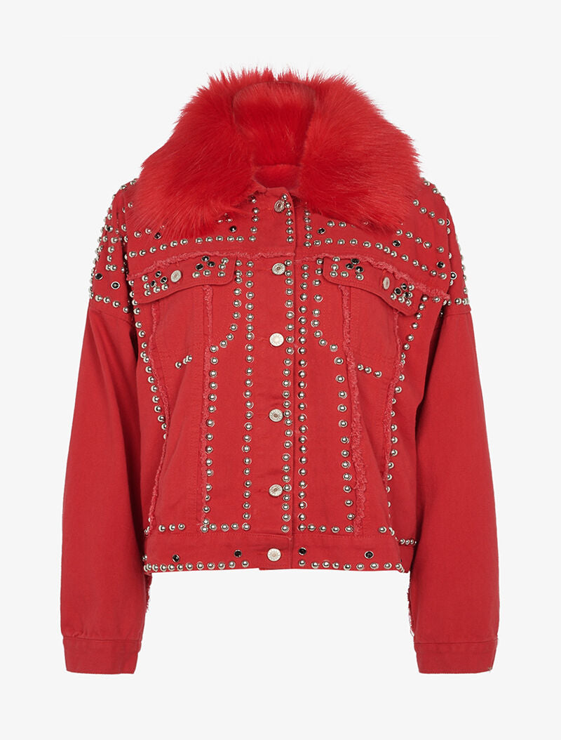 Veste en jean cloutée doublure amovible - rouge - 1