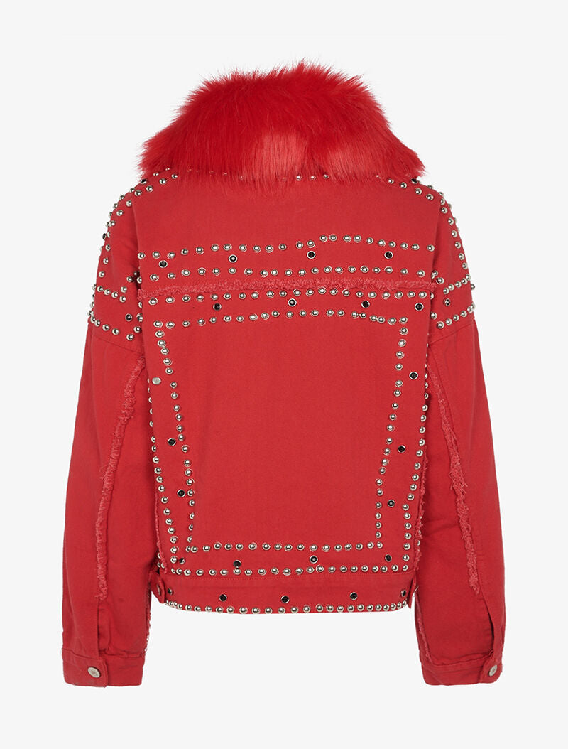 Veste en jean cloutée doublure amovible - rouge - 2
