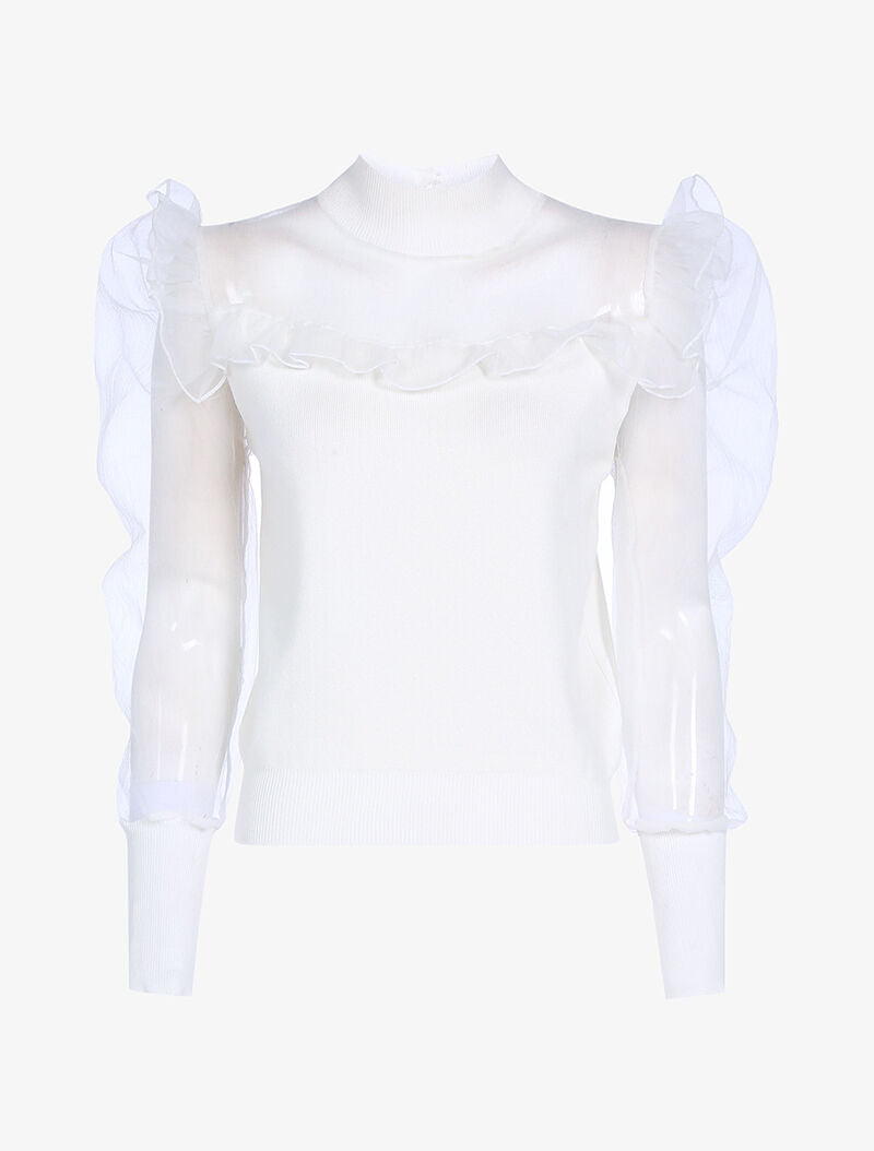 Pull bi matière à manches gigot - blanc - 3