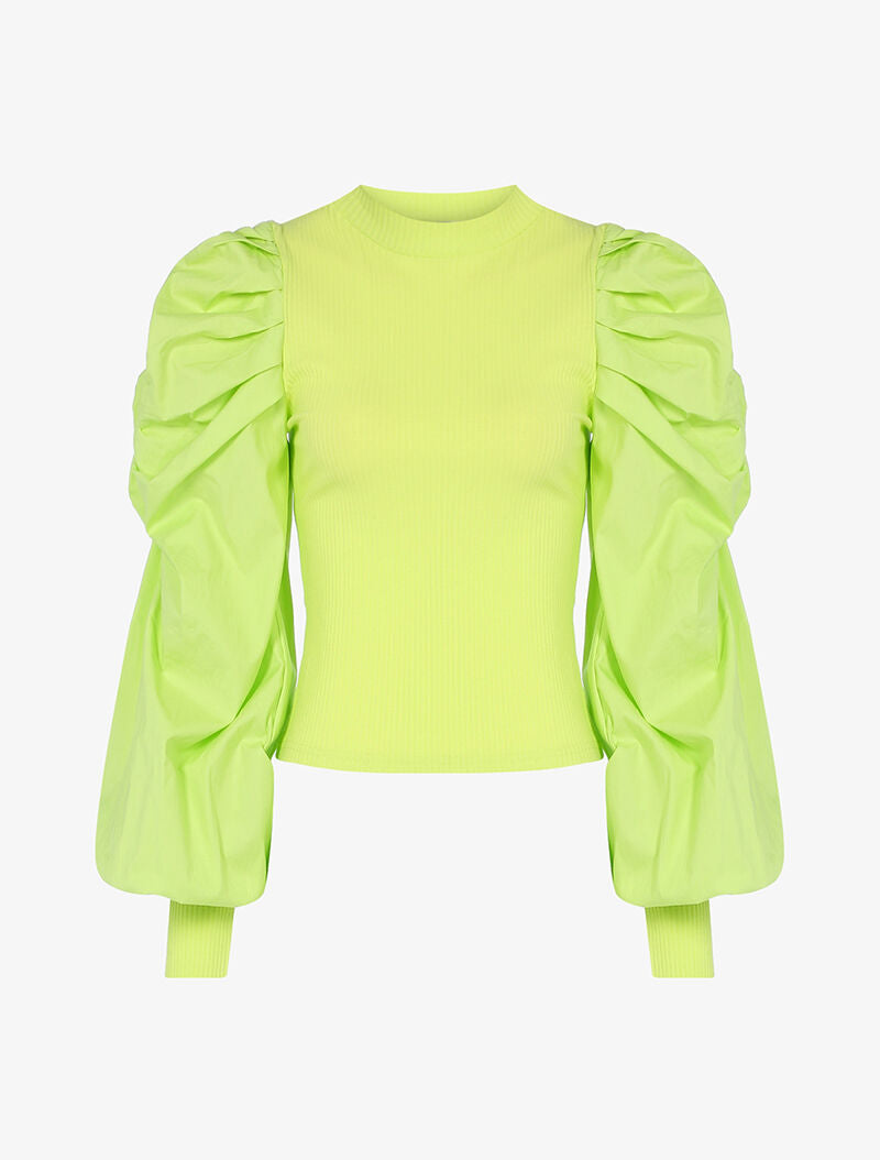 Top à manches gigot satinées - vert fluo - 1