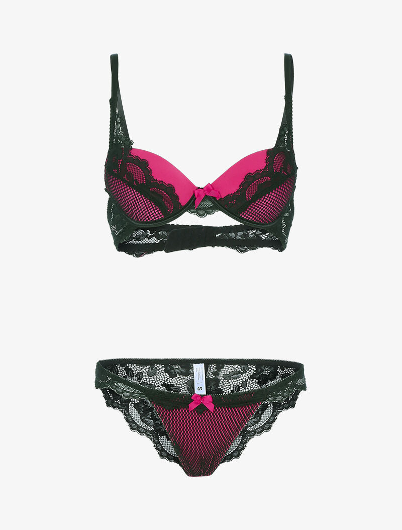 Ensemble satiné avec résille et dentelle - noir/fushia - 3