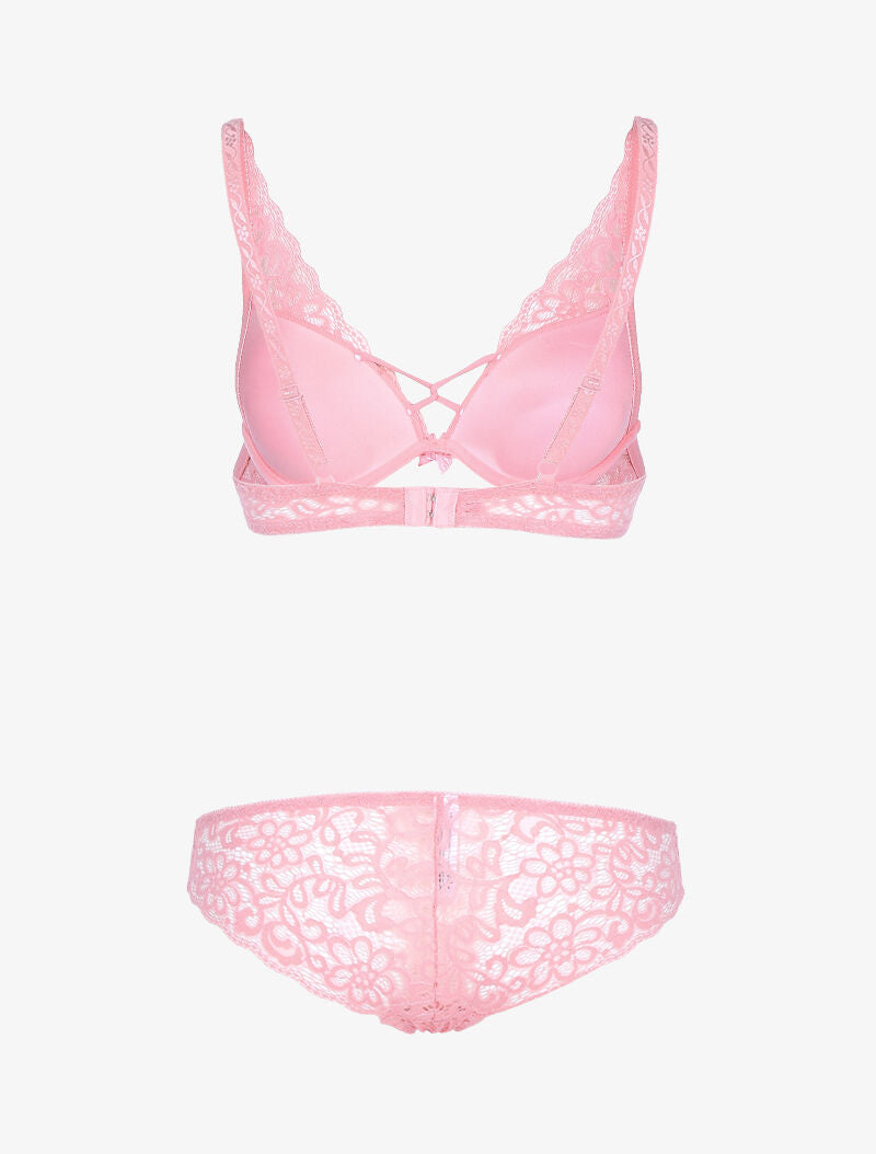 Ensemble en dentelle festonnée fleurie - rose - 2