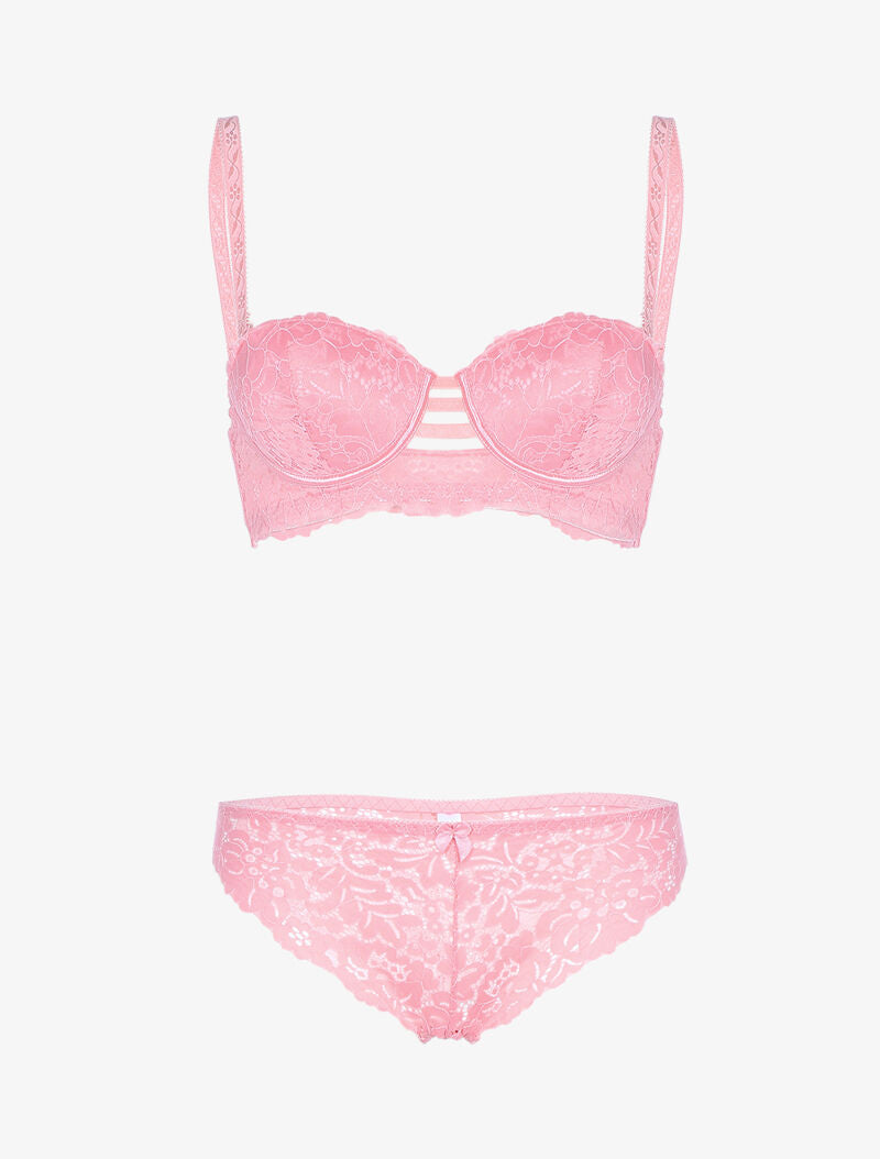 Ensemble bustier en dentelle festonnée et lanières - rose - 3