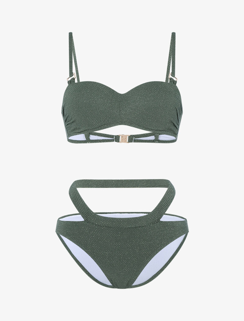 Bikini à balconnet texturé et pailleté - kaki - 1