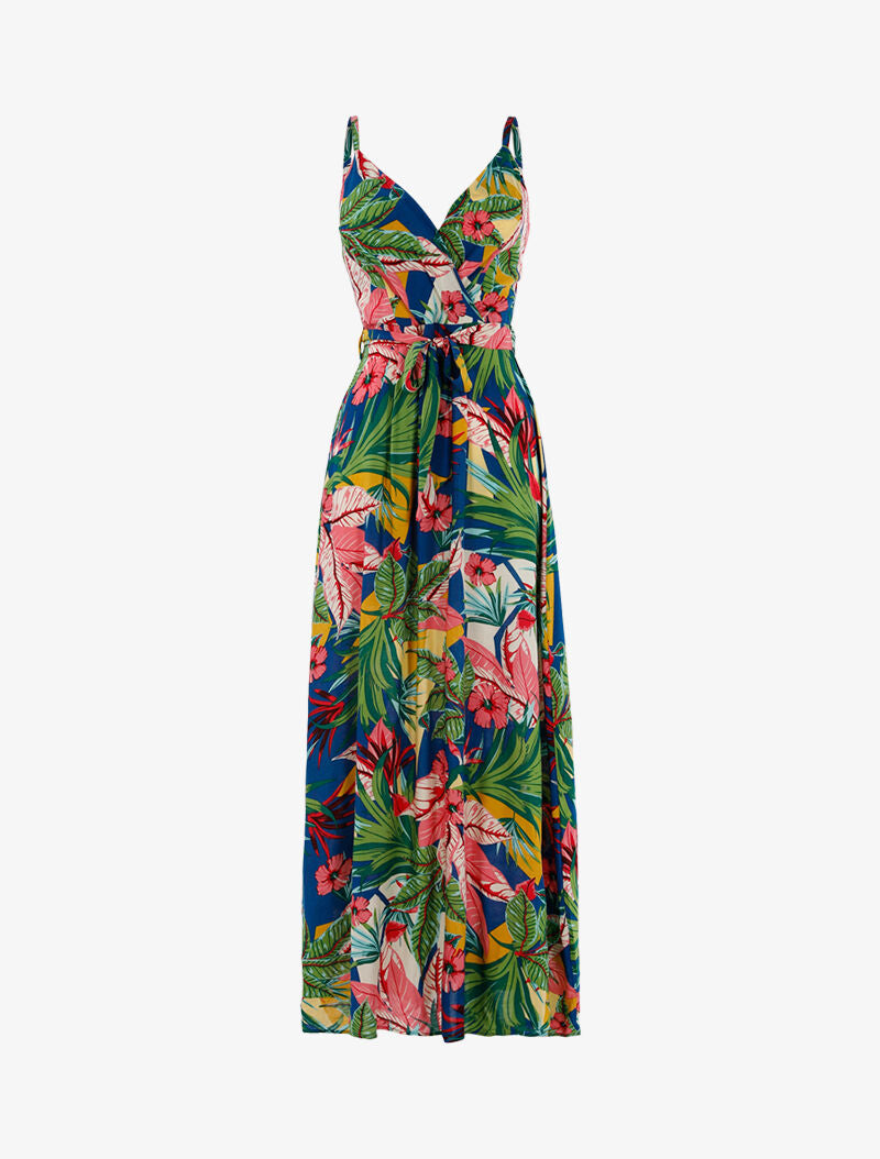 Robe longue à imprimé tropical - bleu - 1