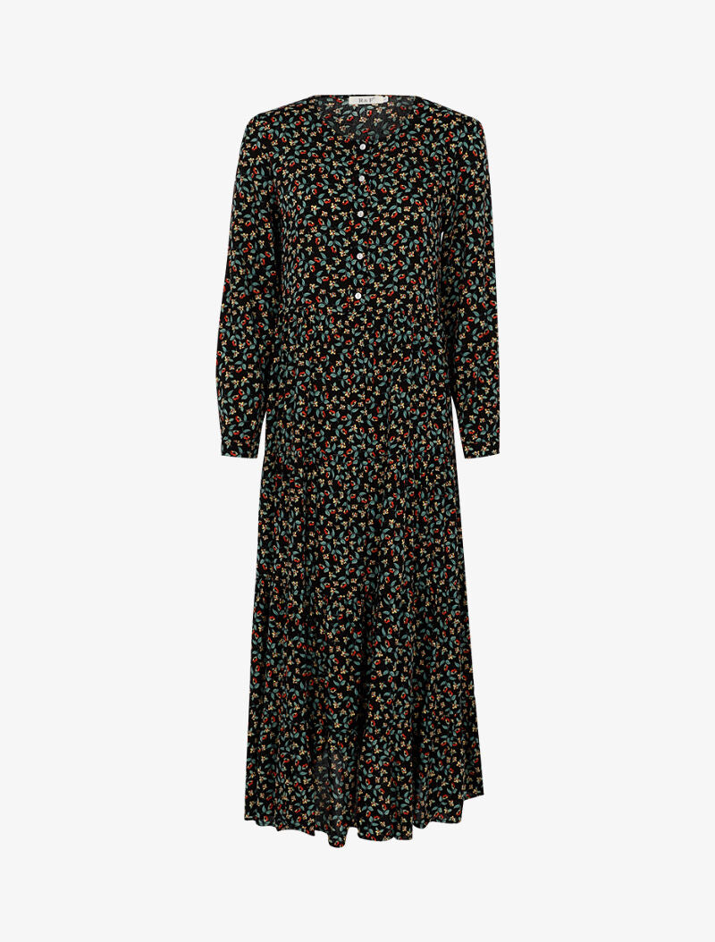 Robe longue trapèze fleurie - noir - 1