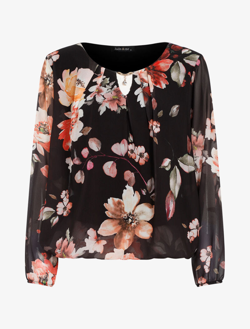 Blouse fleurie en voile col bijoux - noir - 3