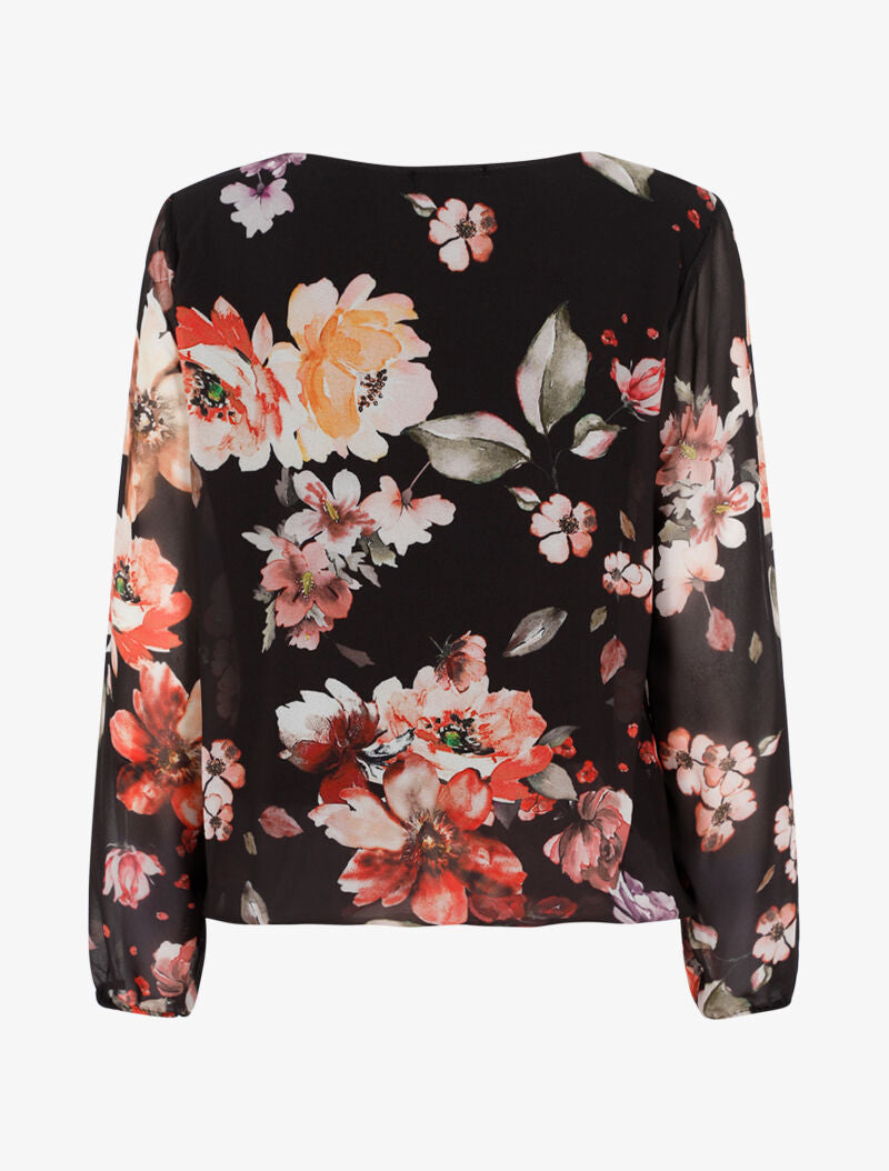 Blouse fleurie en voile col bijoux - noir - 2