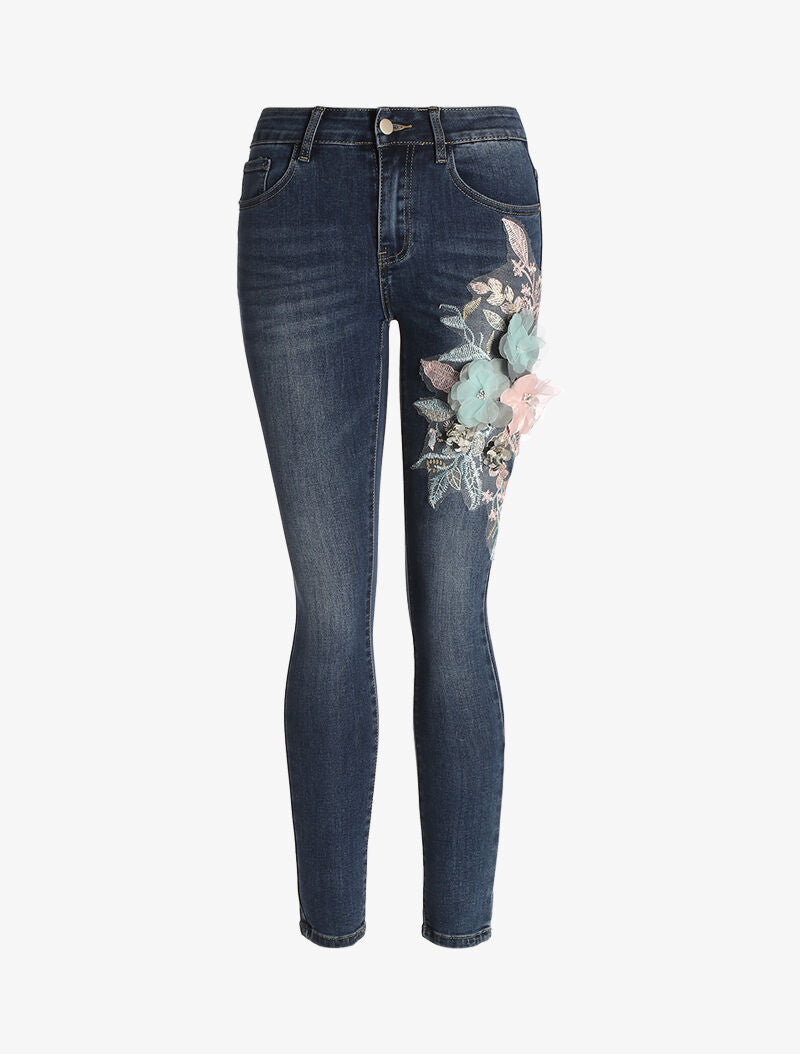 Jean 7/8 mit Blumenbesätzen - Rohdenim