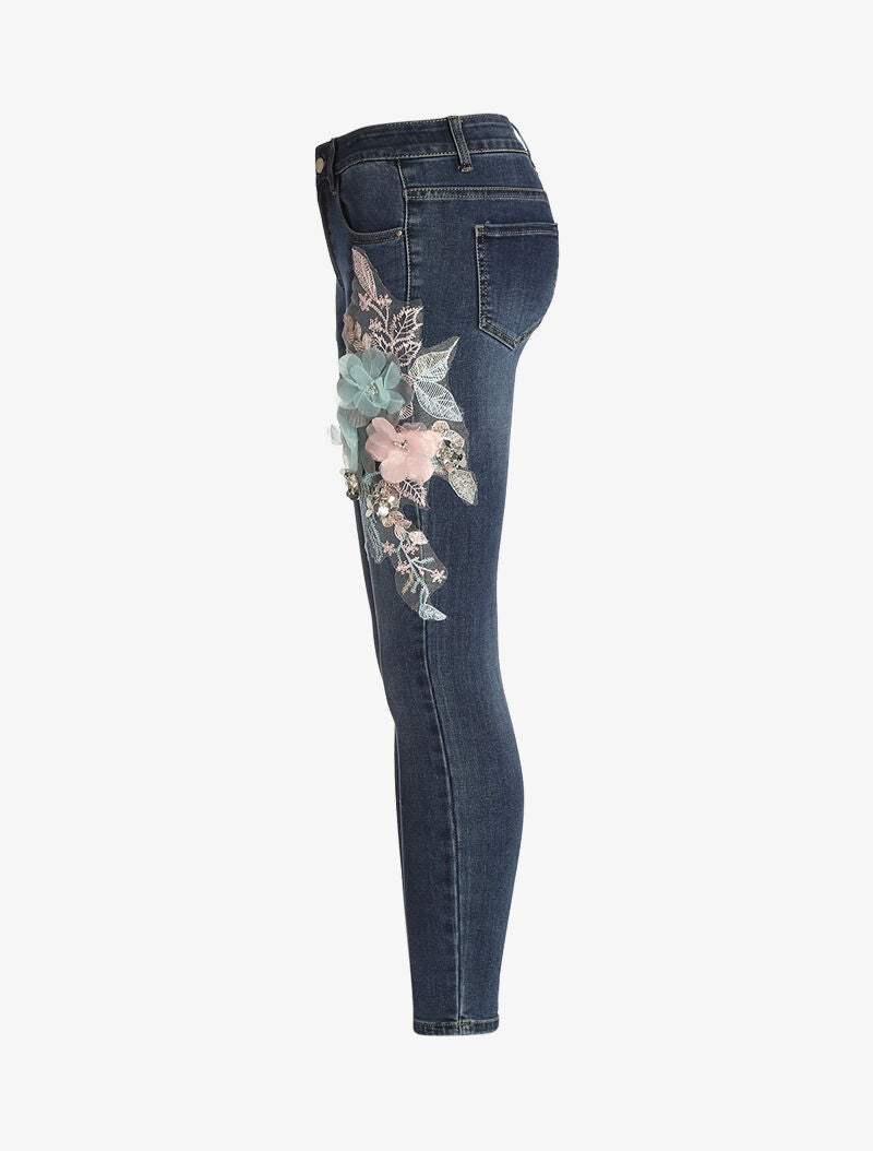 Jean 7/8 mit Blumenbesätzen - Rohdenim