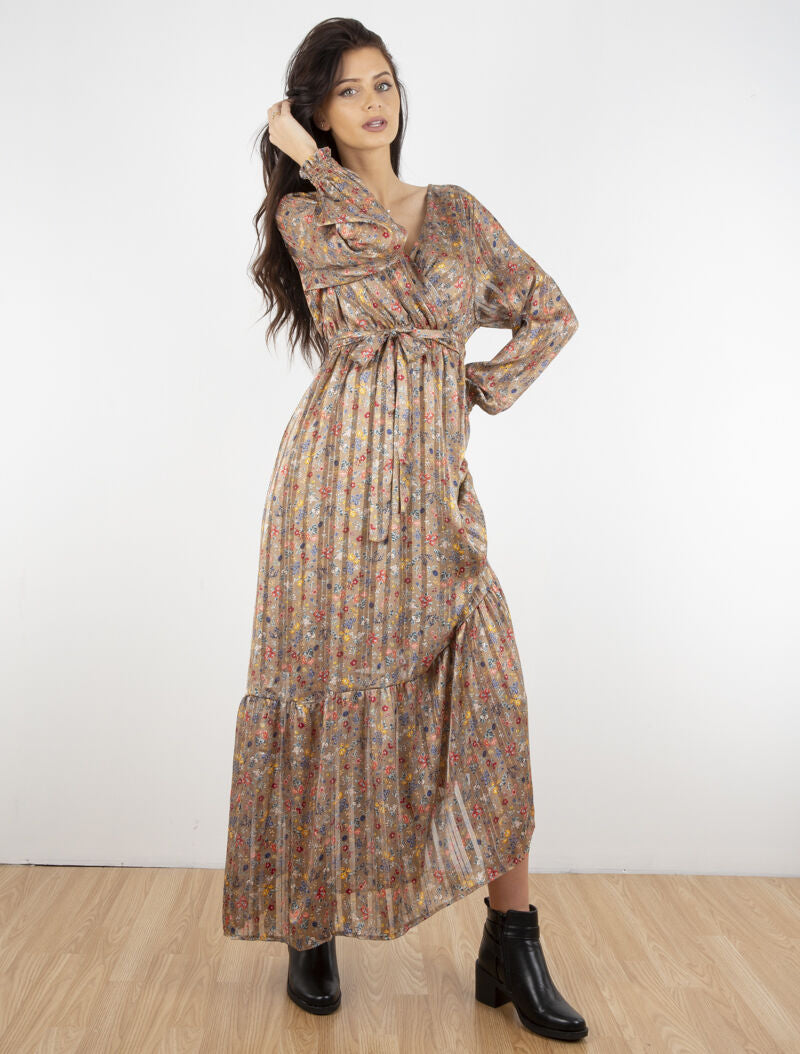 Robe longue cache-coeur imprimé fleurs de champs - taupe - 1