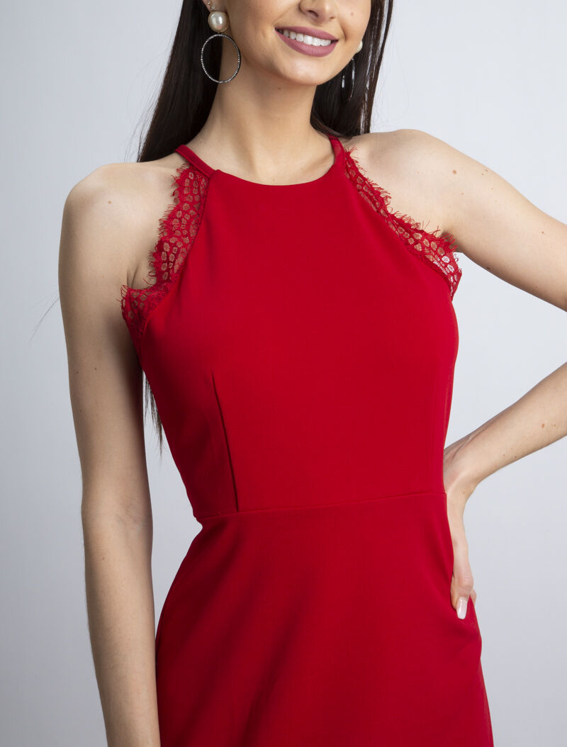 Robe à col américain et dentelle - rouge - 1
