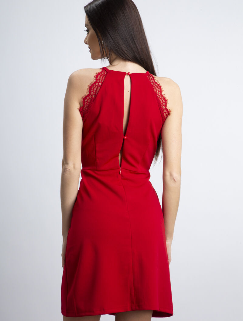 Robe à col américain et dentelle - rouge - 3