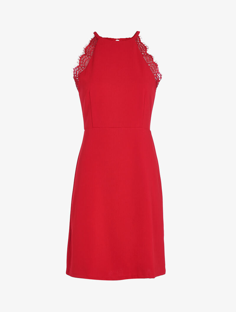 Robe à col américain et dentelle - rouge - 4