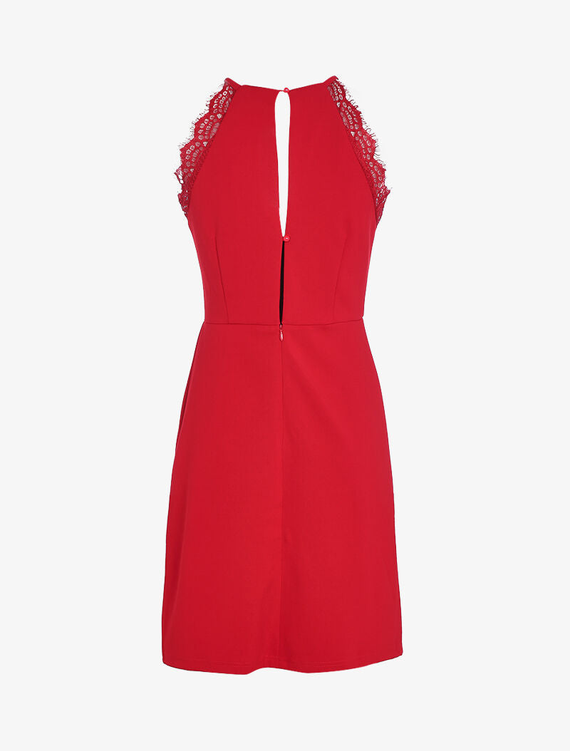 Robe à col américain et dentelle - rouge - 5