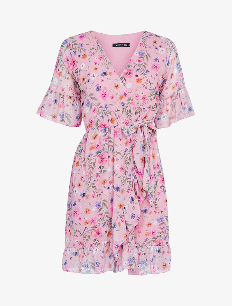 Robe fleurie effet portefeuille - rose - 1