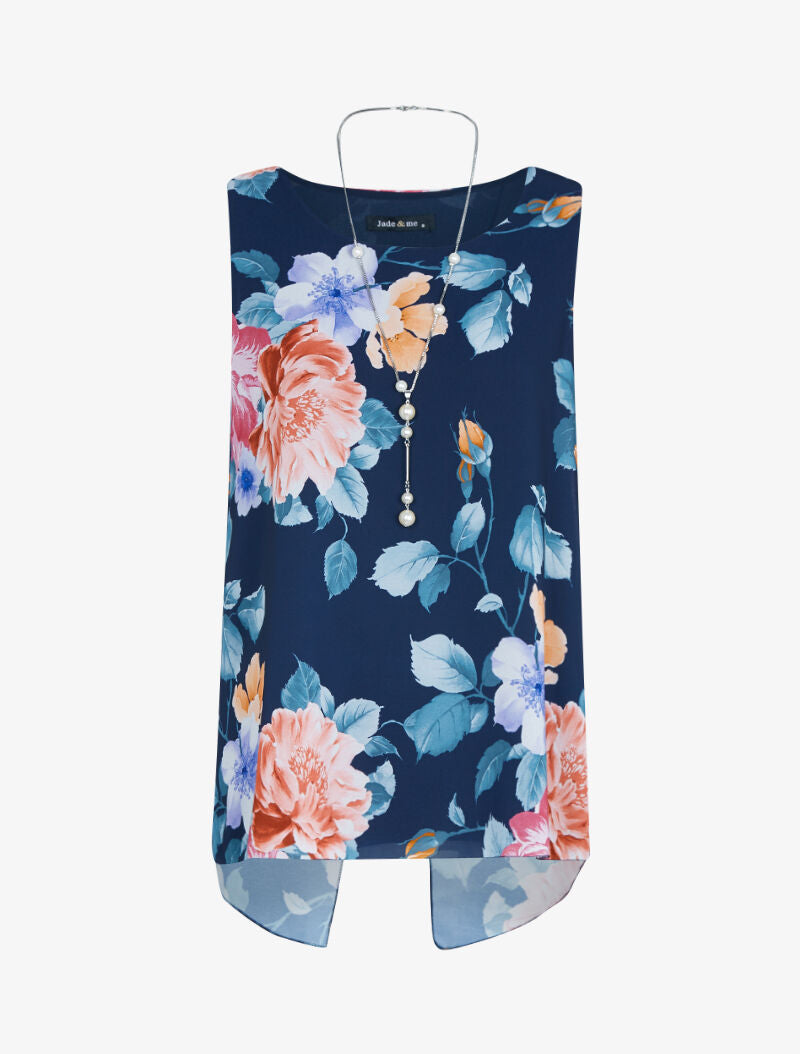 Top en voile à dos fendu et imprimés - marine - 1