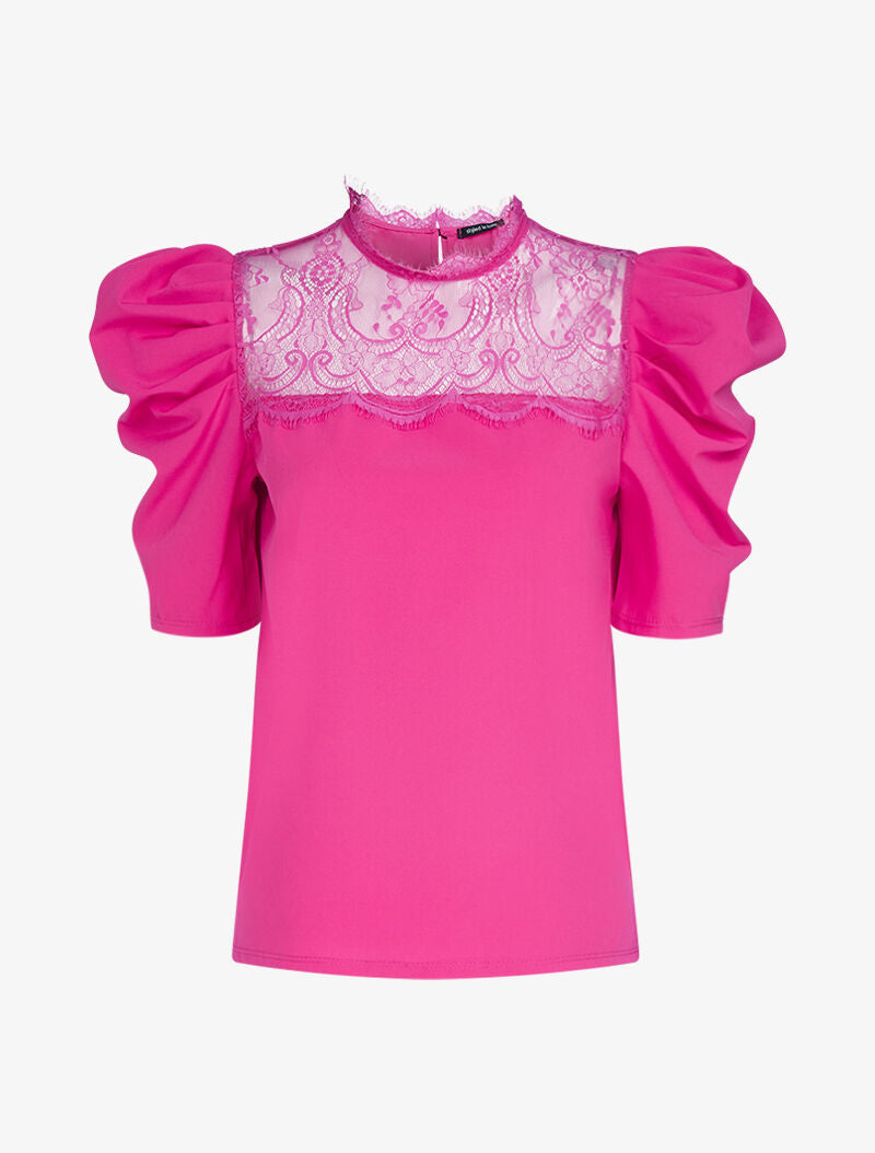 Top à détails dentelle et manches gigot - fushia - 1