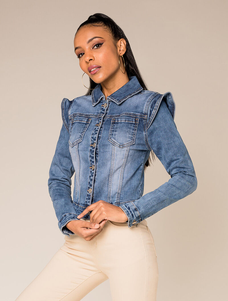 Veste courte en jean à empiécement mancherons - bleu denim - 1