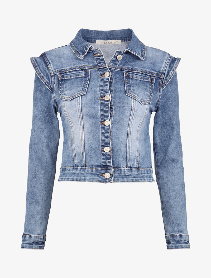 Veste courte en jean à empiécement mancherons - bleu denim - 3