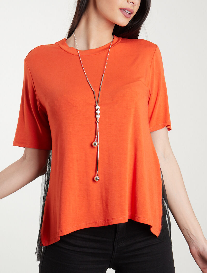 T-shirt fluide à dos en tulle - orange - 1