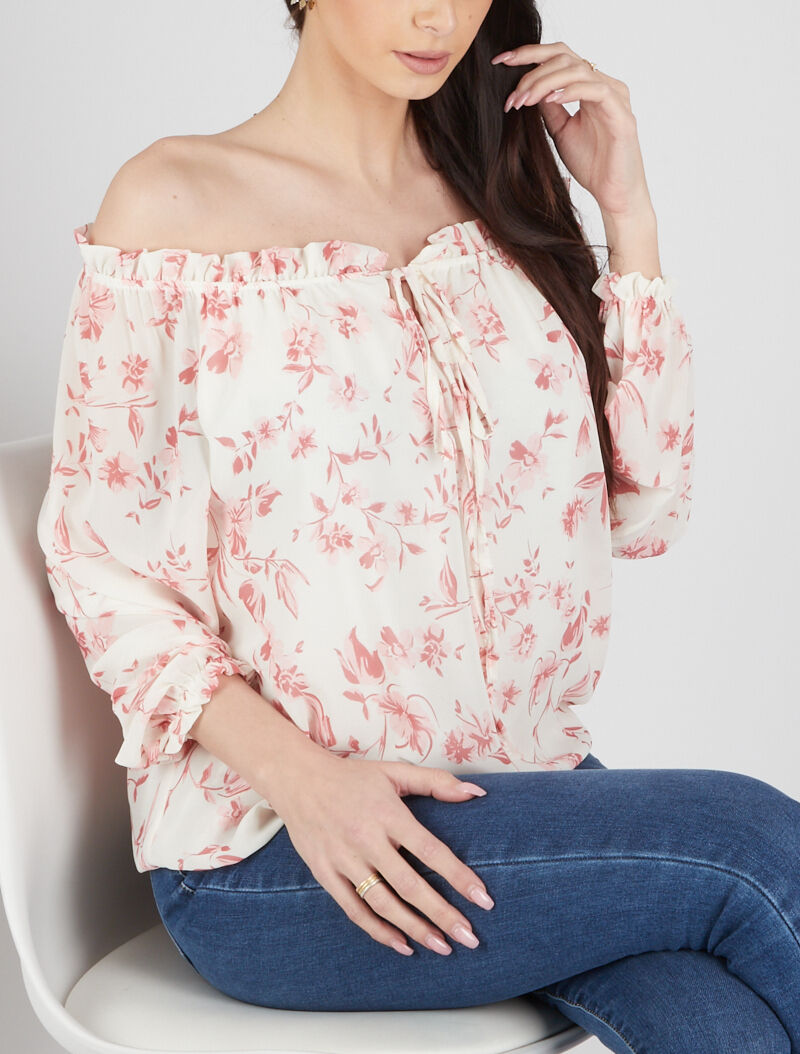 Blouse à col bardot à imprimé floral - ecru - 1