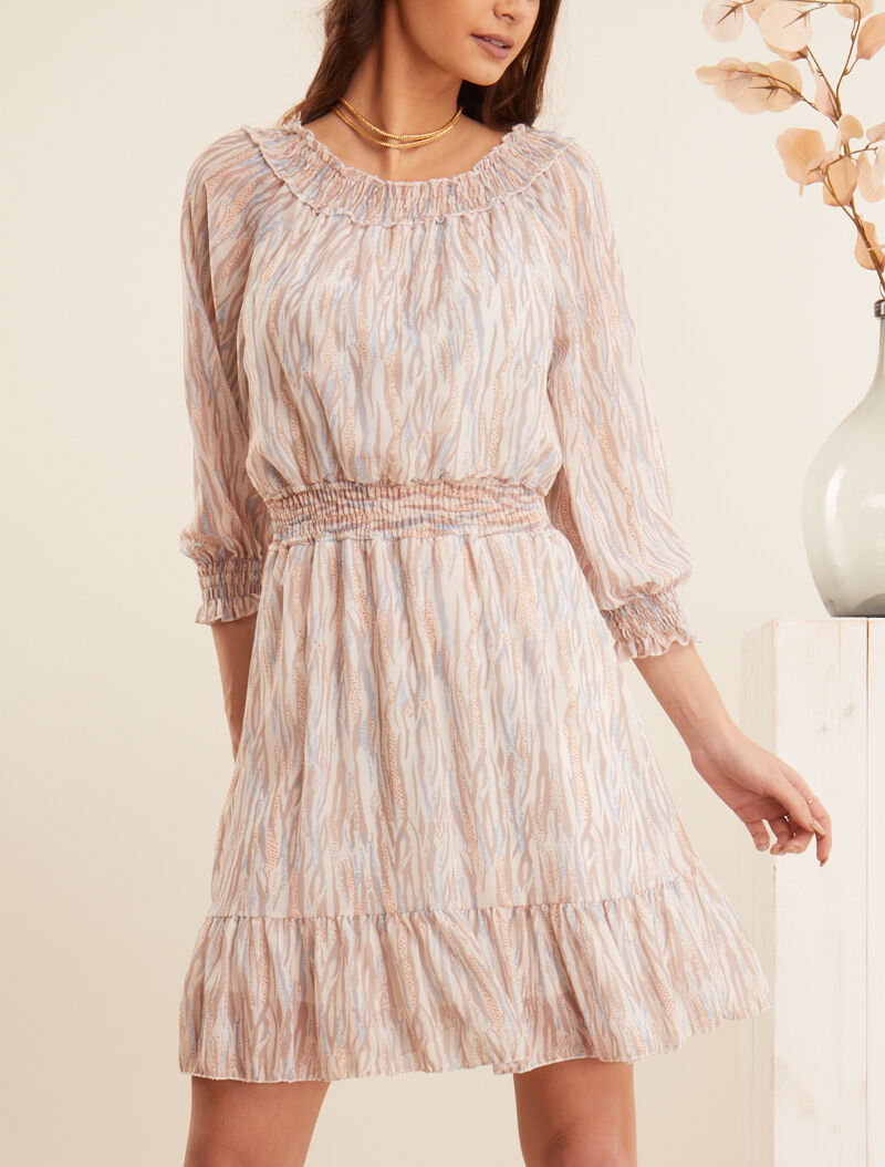 Robe à col bardot et imprimés - beige - 1