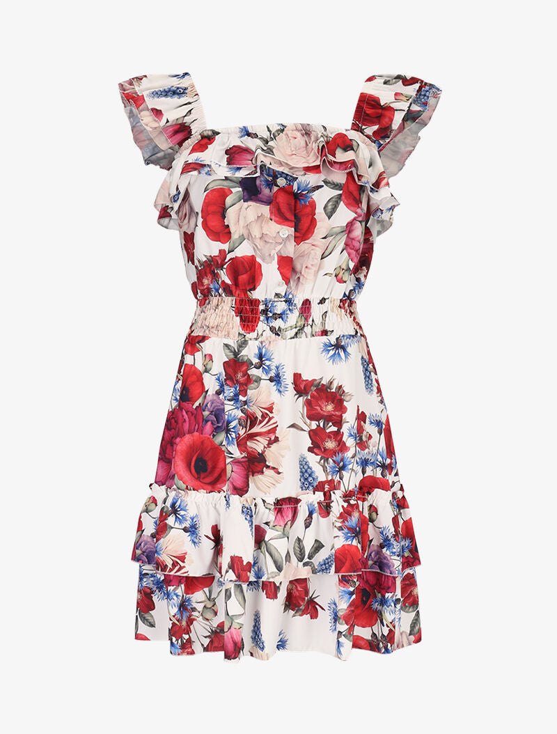 Robe fleurie à bretelles volantées - blanc - 1