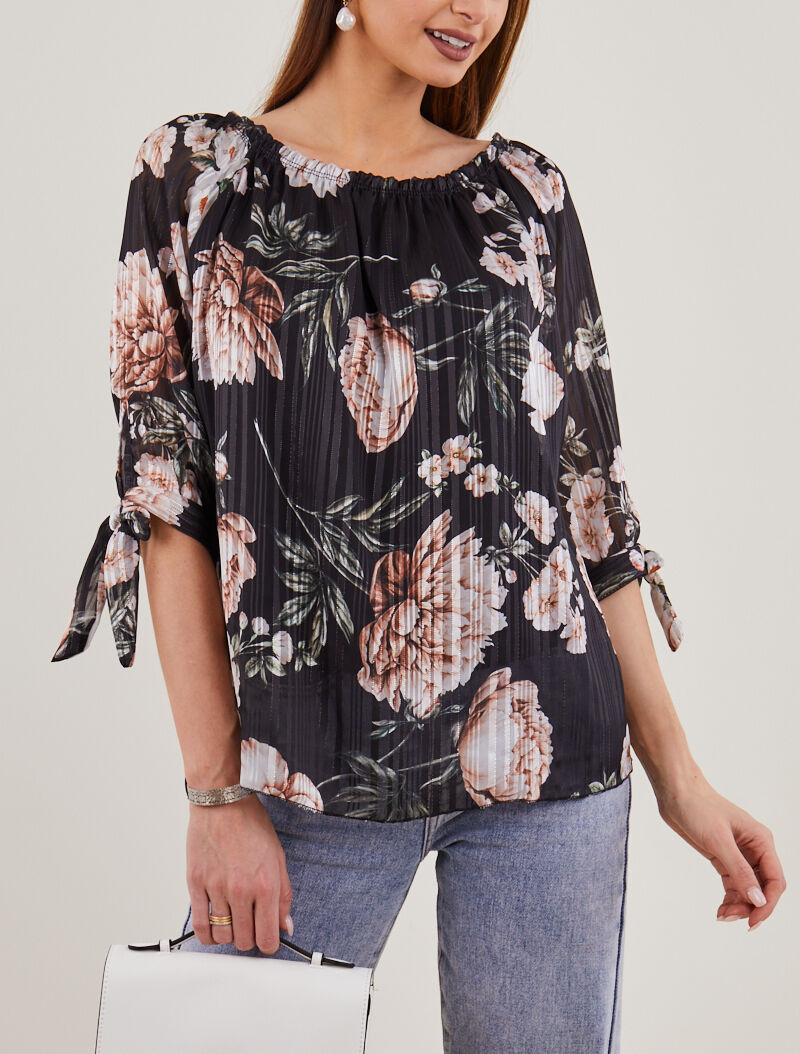 Top à imprimé floral et rayures irisées - noir - 1