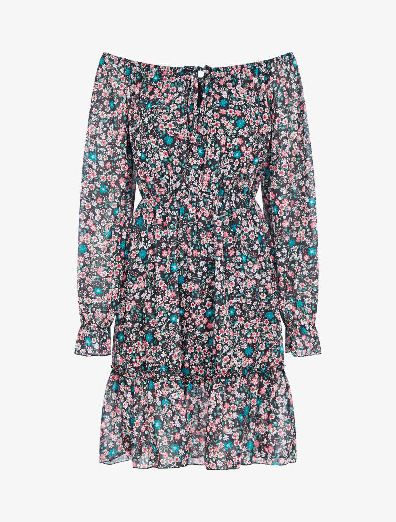 Robe fleurie à col bardot - noir - 3