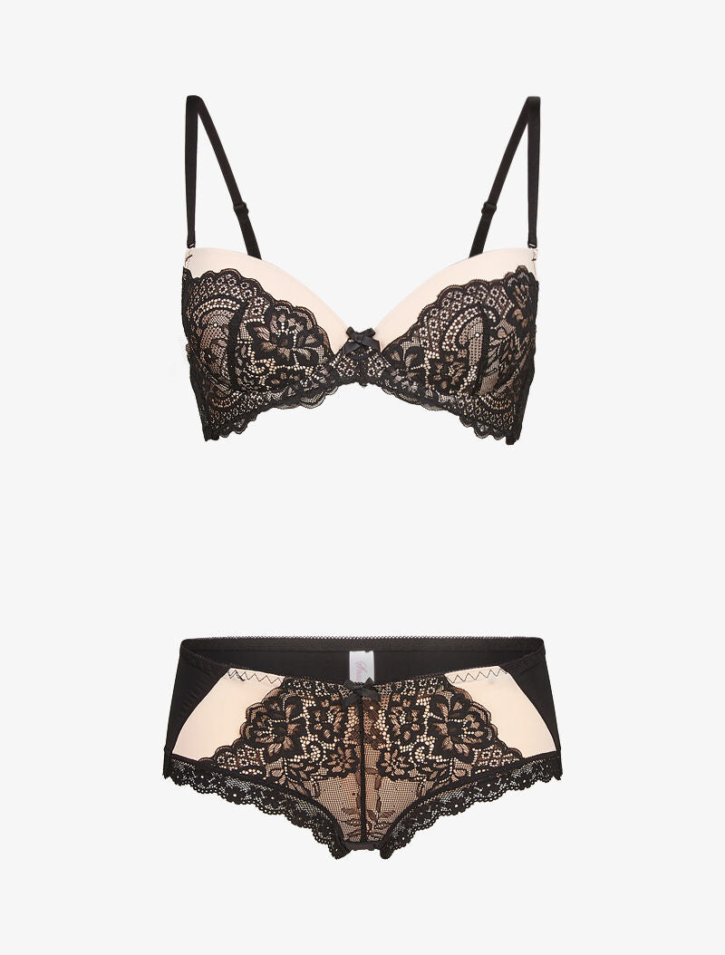 Ensembles en dentelle à shorty ajouré - nude/noir - 1