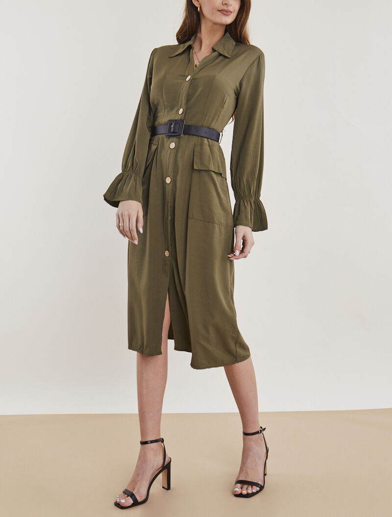 Robe chemise à ceinture simili - kaki - 4