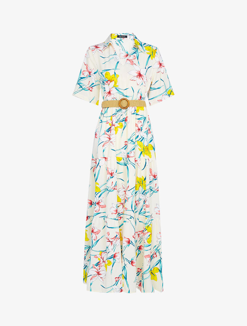 Robe longue à basques imprimé grandes fleurs - ecru - 1