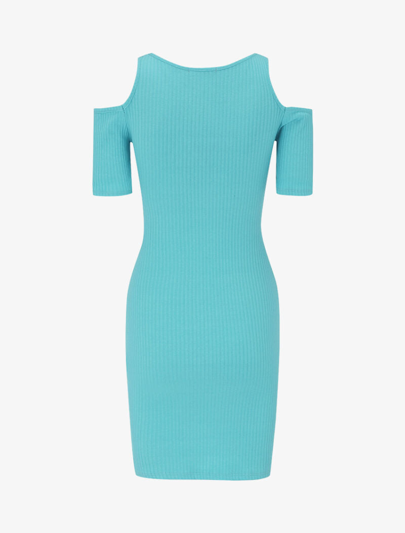 Robe côtelée à épaules nues - turquoise - 3