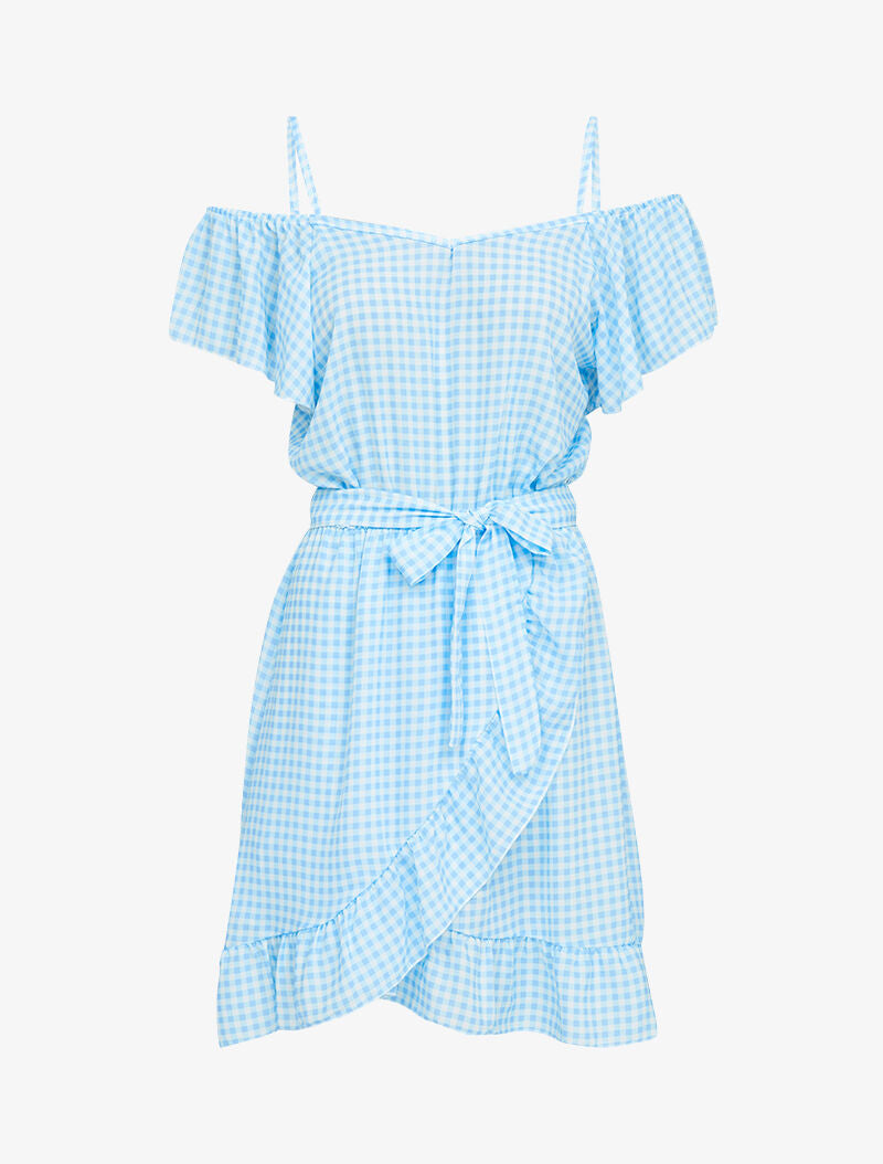 Robe imprimée à épaules nues - bleu ciel - 3