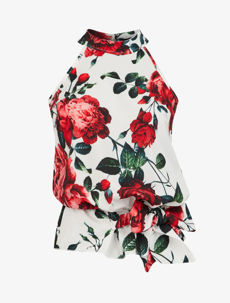 Blouse imprimé roses à taille à nouer - rouge - 1