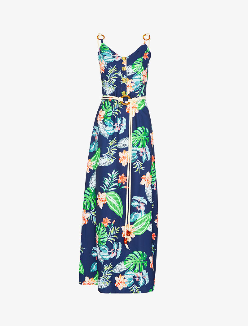 Robe longue imprimée à bretelles en cordelettes - marine - 2
