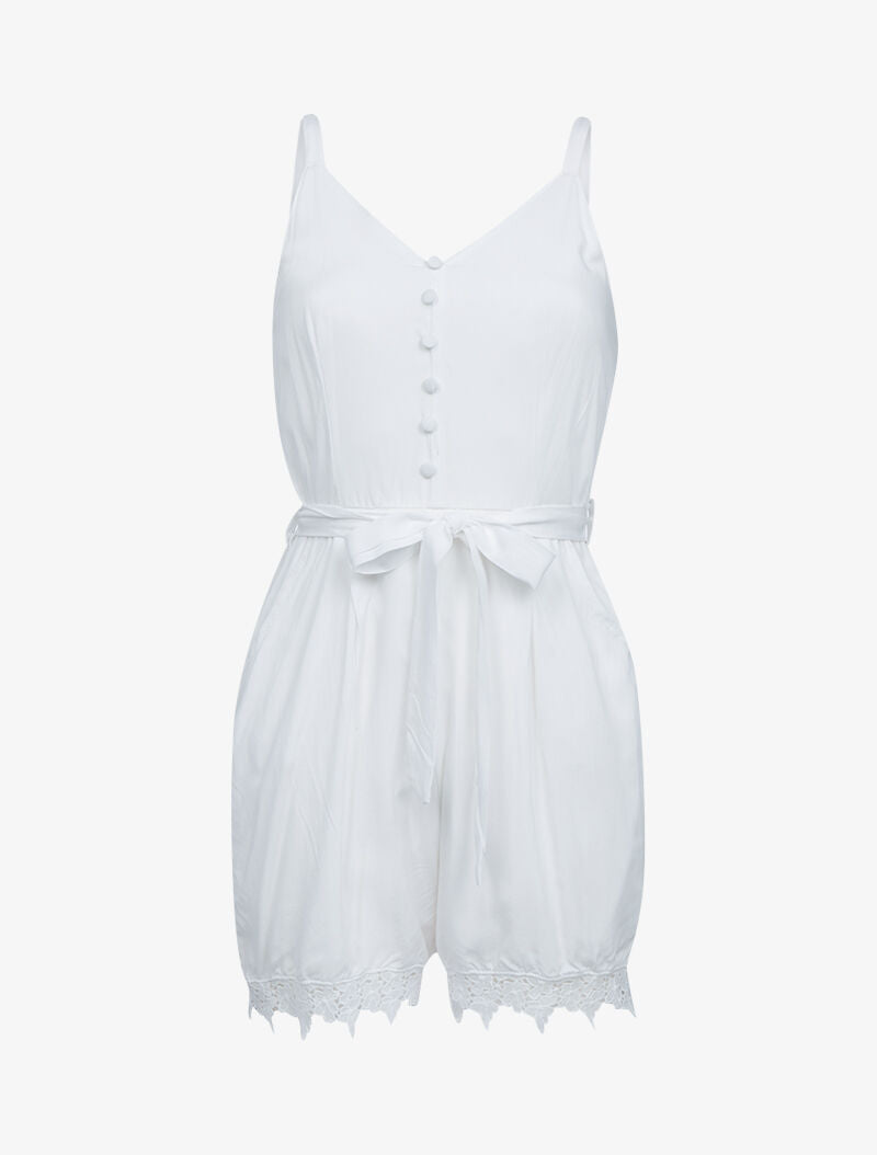 Combishort fluide en coton à bord dentelle - blanc - 3