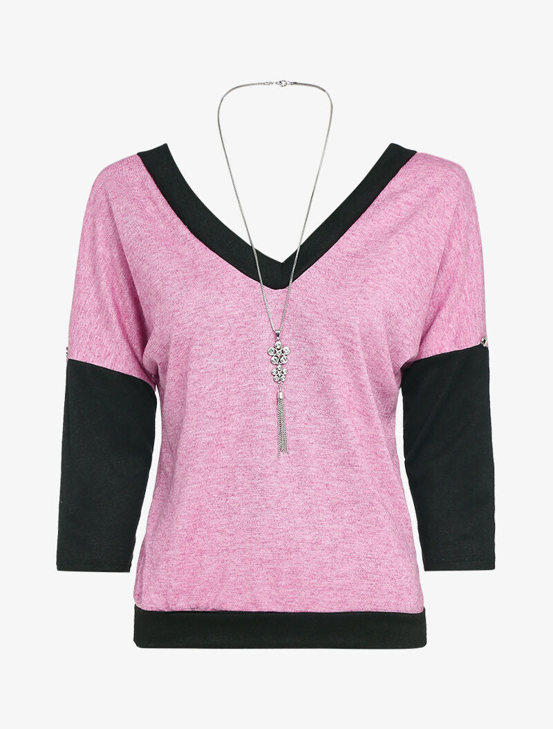 Pull fin bicolore à grande encolure V - rose - 1