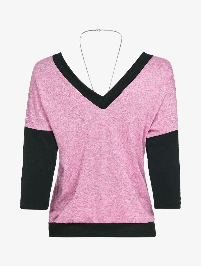 Pull fin bicolore à grande encolure V - rose - 2