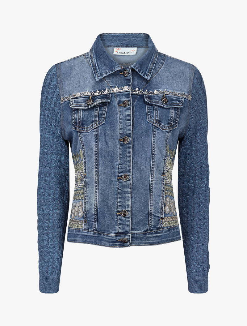 Veste en jean brodée à manches contrastantes - bleu denim - 2