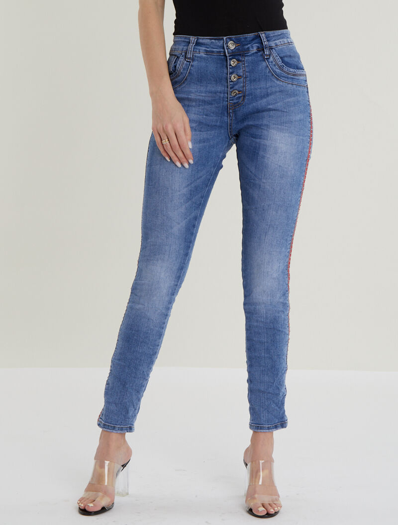 Jean à bandes cloutées contrastantes - bleu denim - 1