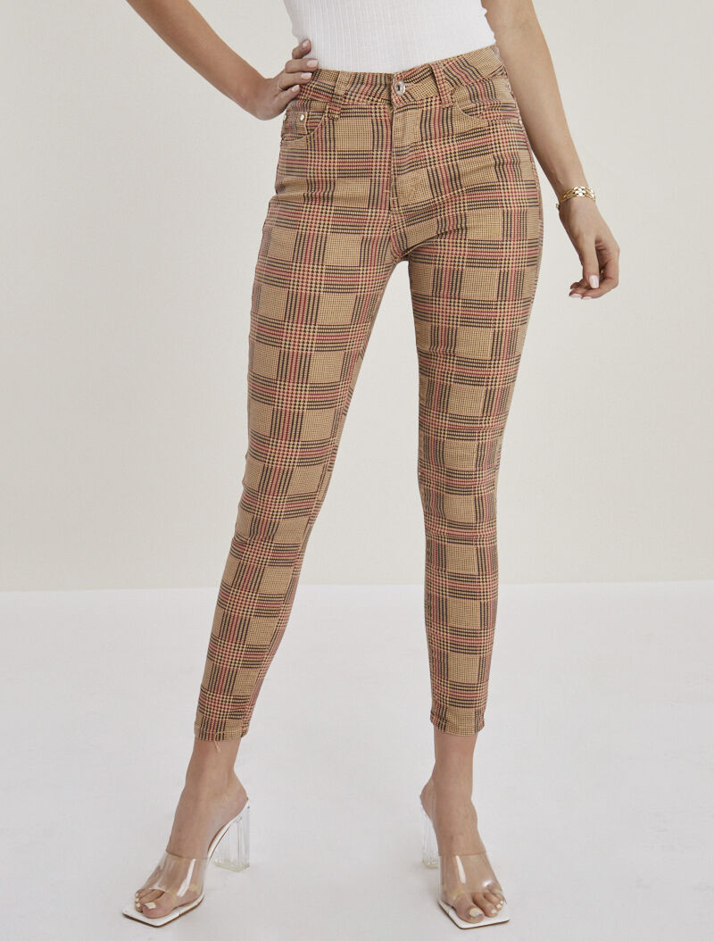 Jean imprimé damier pied de poule coupe skinny - camel - 1