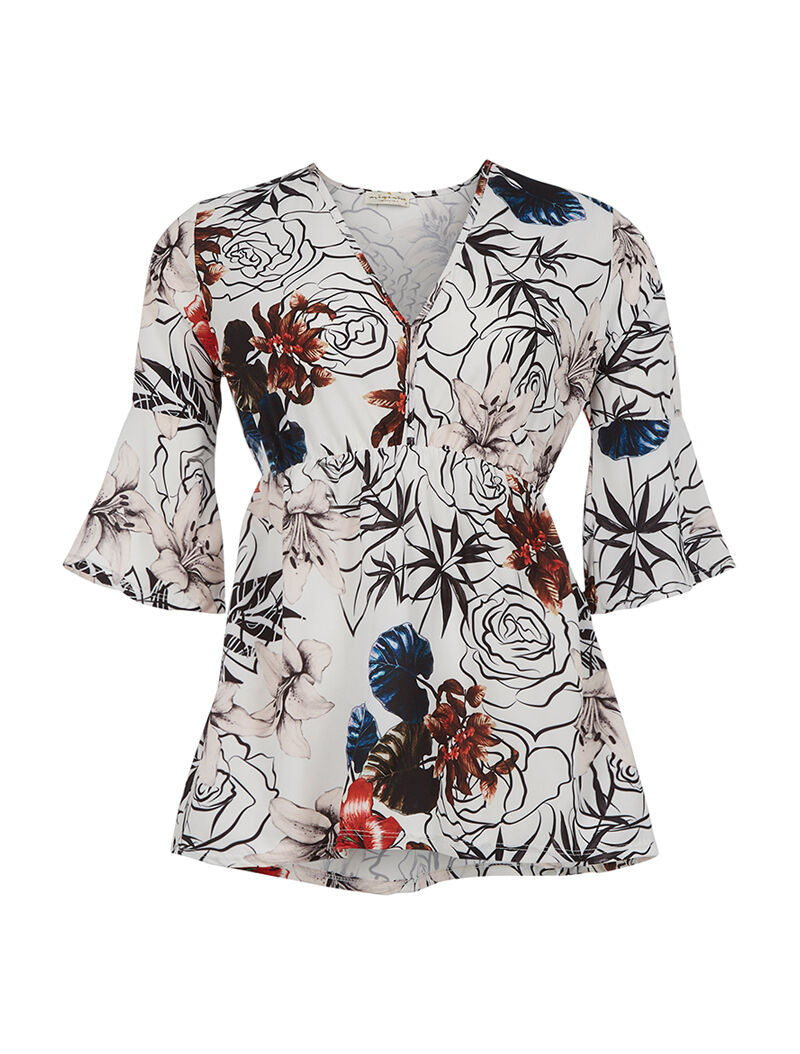 Blouse imprimée taille élastiquée - blanc - 1